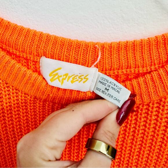 EXPRESS Neon Orange Chunky Thick Knit Tunic Pullover Crew Neck Cozy Sweater M - Picture 8 of 14